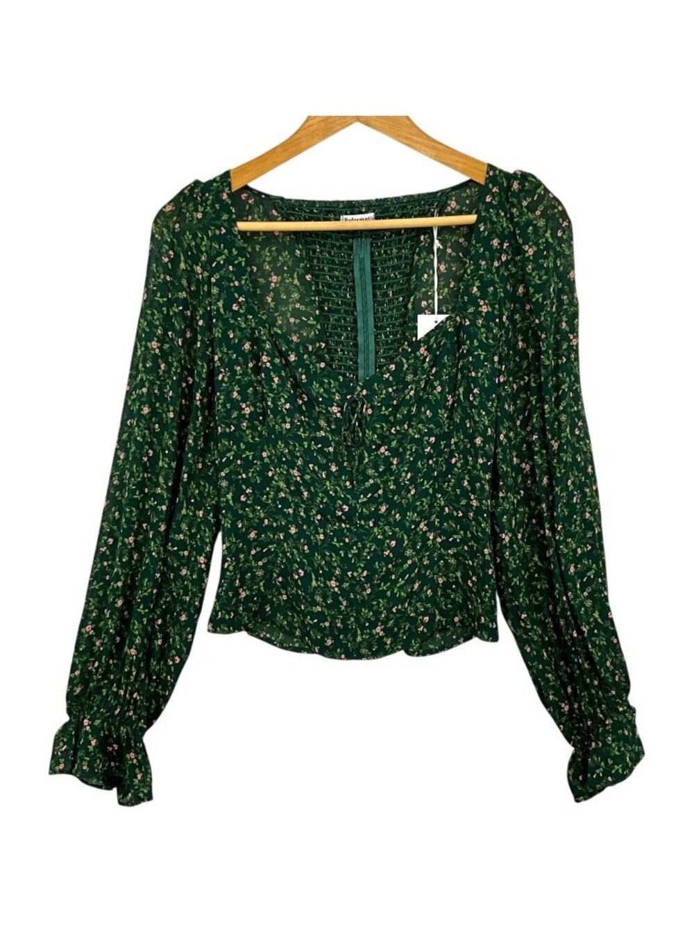 NWT Reformation Chase Top Womens 10 Green Floral Sweetheart Puff Sleeve Blouse - Picture 1 of 15